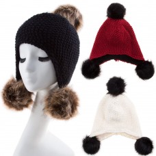 Winter Warm Soft Knit Double Fur Pom Pom Crochet Ears Cover Beanie Hat Cap Long  eb-04765623